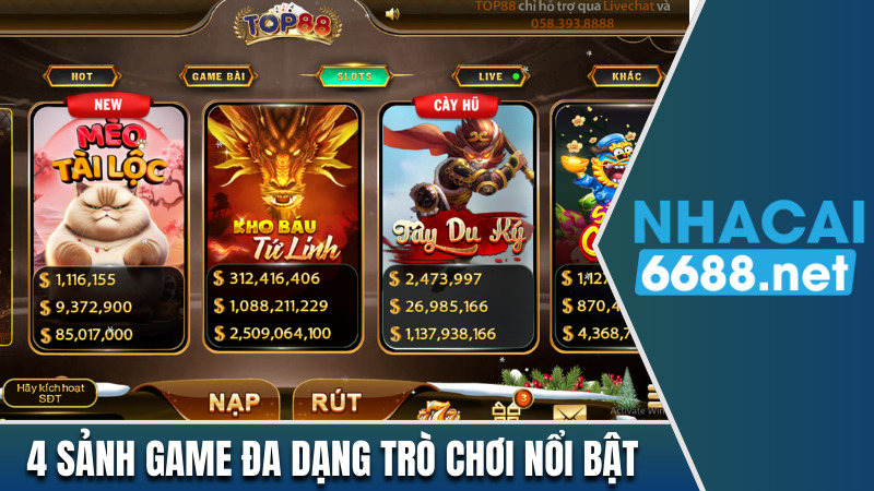 4 sảnh game đa dạng trò chơi nổi bật